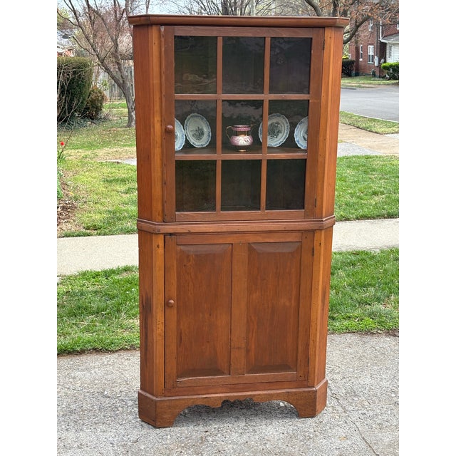 Farmhouse Antique French Country Pine Corner Cabinet With Original Blown Glass Panes For Sale - Image 3 of 11