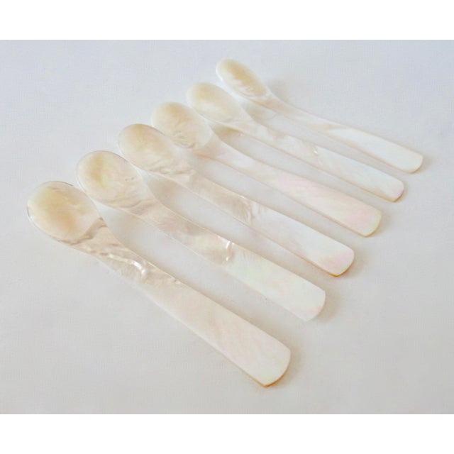 1970s Mother of Pearl Hand-Honed and Carved Individual, Caviar Serving Spoons -Set of 6 For Sale - Image 4 of 14