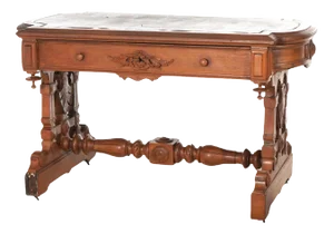 Antique Victorian Renaissance Revival Carved Walnut Trestle Form Desk Circa 1890