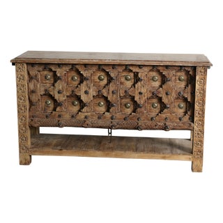 Antique Sun-Bleached Carved Door Console Table – Rustic Entryway Hall Accent For Sale