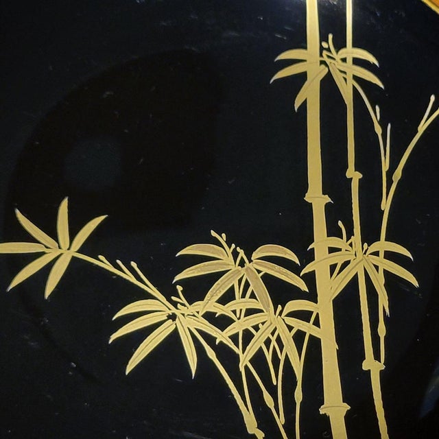 Set of Six Vintage Black Maki-E Lacquer Art Kyoto Japan Decorative Plates Hand Painted Gold Botanical Floral Patterns For Sale - Image 13 of 18