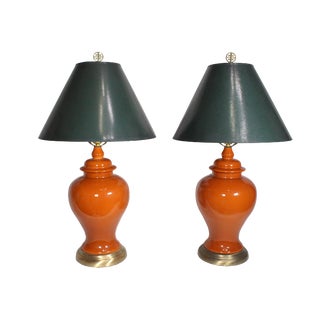 Mid-Century Dark Orange Chinoiserie Ceramic & Brass Ginger Jar Lamp - a Pair For Sale