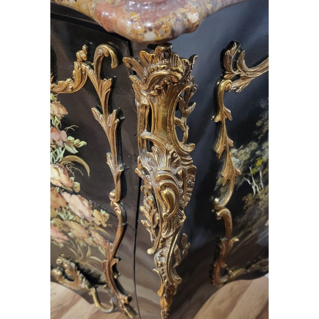 Wood Vintage Louis XV Style Black Lacquered & Painted Marble Top Bronze Mounted Commode For Sale - Image 7 of 18