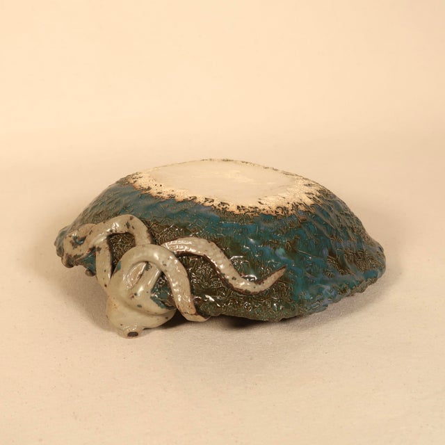 Signed Sculptural Studio Pottery Hand-Formed Octopus Ceramic Bowl Ocean-Inspired Dish With Teal Blue Textured Glaze For Sale - Image 12 of 12