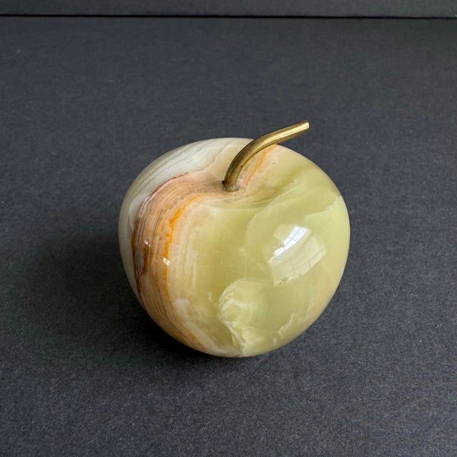 Vintage Onyx Apple Paperweight Petite Genuine Stone Sculpture Beautiful pale green color with natural striations in rust...