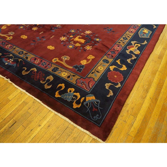1900 - 1909 Antique 1900s Red Medallion Animals Traditional Peking Chinese Knotted Wool Rug For Sale - Image 5 of 5