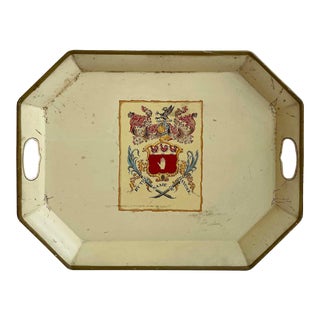 Vintage Metal Tray With Beveled Edges and Silkscreened Crest For Sale