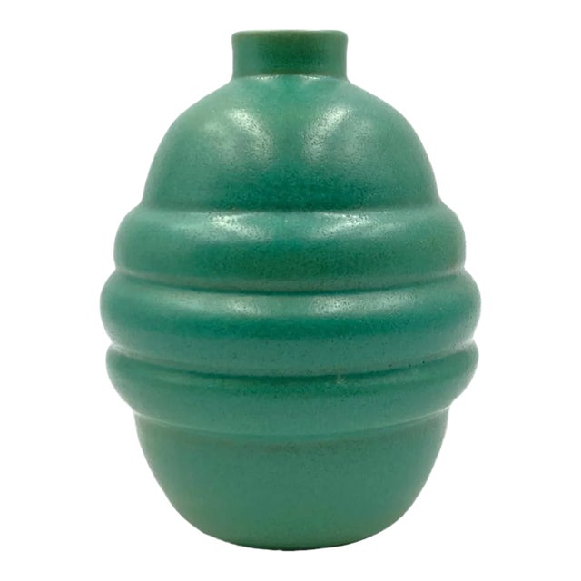 1940s Art Déco Turquoise Faience Vase, France For Sale
