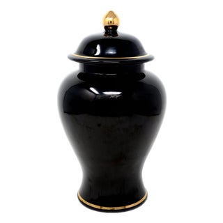 Vintage 11.25-Inch Haeger Black Ceramic Ginger Jar With Gold Trim & Finial For Sale