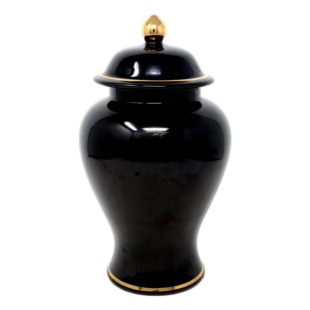 Vintage 11.25-Inch Haeger Black Ceramic Ginger Jar With Gold Trim & Finial For Sale