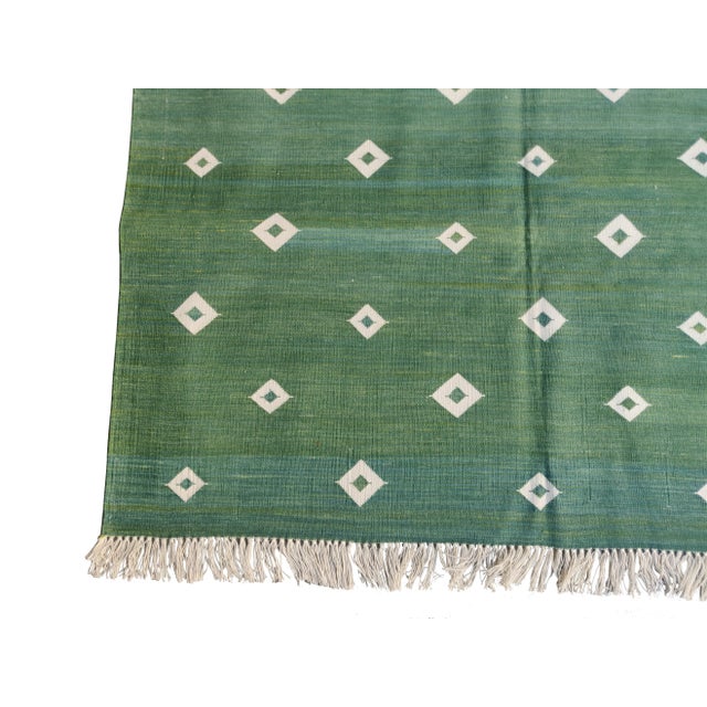 Mid-Century Modern Handmade Cotton Diamond Rug, Green And White 8'x10' For Sale - Image 3 of 6
