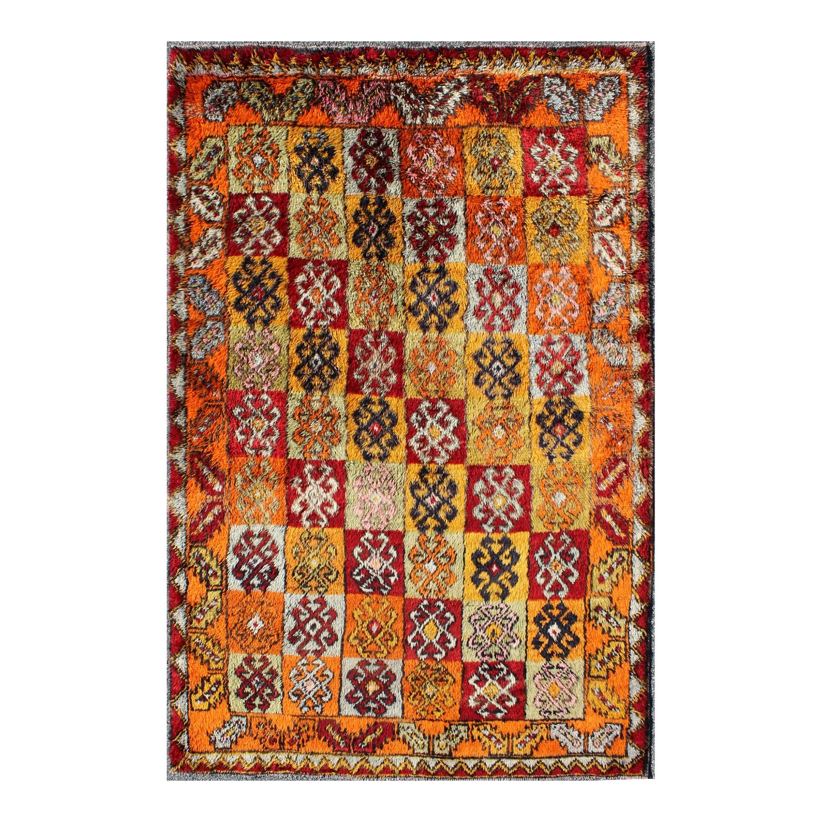 Tribal Hand Knotted Checkerboard Design Vintage Turkish Tulu Rug With ...