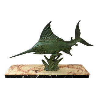 Bronze Swordfish Statue on a Marble Base, 1920s-1940s For Sale