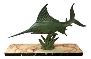 Bronze Swordfish Statue on a Marble Base, 1920s-1940s