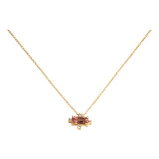 Gold Chain Necklace With Pink Tourmaline and Diamond Pendant For Sale