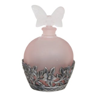 Pink Frosted Glass Perfume Bottle Butterfly Stopper and Metal Filagree 4623b For Sale
