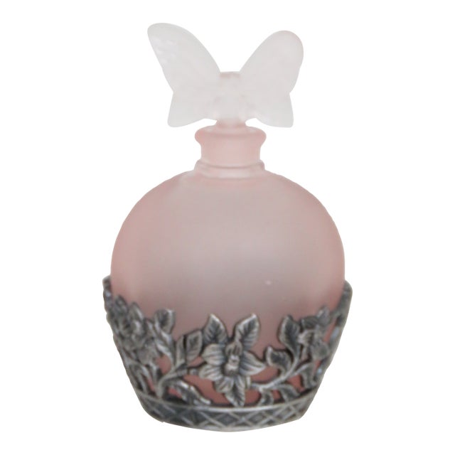 Pink Frosted Glass Perfume Bottle Butterfly Stopper and Metal Filagree 4623b For Sale