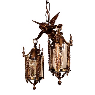 Vintage C 1950s French Brass Flying Cherub Double Hanging Lantern Chandelier #1 For Sale