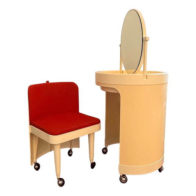 Silvi Dressing Table and Chair in Beige Plastic and Coral Red Upholstery from Fain Kastilia, 1970s, Set of 2 For Sale