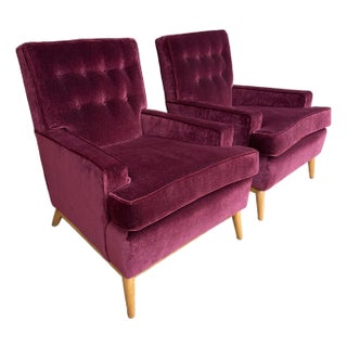 Pair of t.h. Robsjohn Gibbings Lounge Chairs Redone in Mohair. For Sale