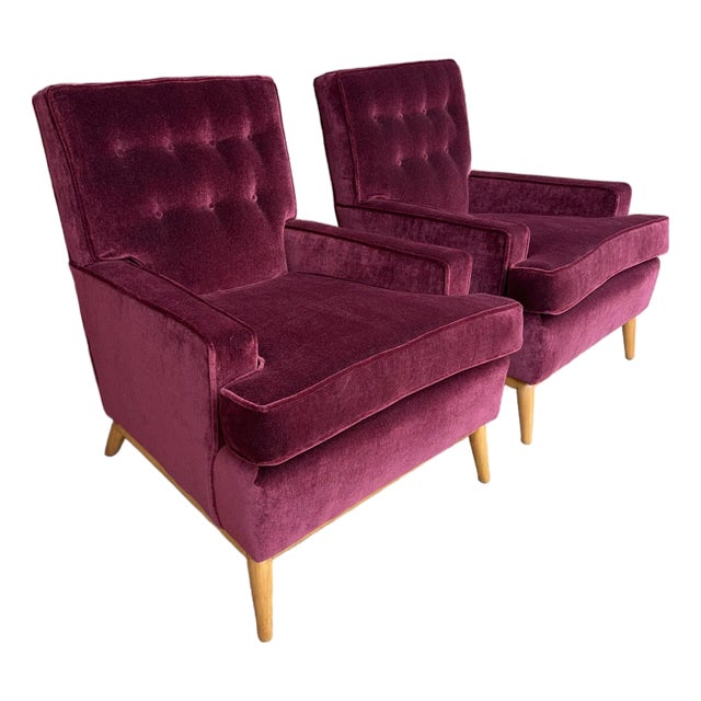 Pair of t.h. Robsjohn Gibbings Lounge Chairs Redone in Mohair. For Sale