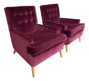 Pair of t.h. Robsjohn Gibbings Lounge Chairs Redone in Mohair.