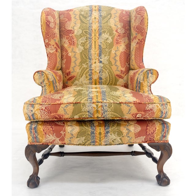Green Large Fancy Floral Pattern Uphlstry Fine Carved Ball & Claw Feet Wing Chair MINT For Sale - Image 8 of 13