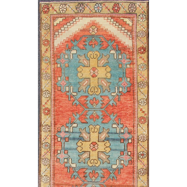 Colorful Turkish antique Oushak runner in Terracotta, Yellow & teal Blue , rug , country of origin / type: Turkey /...