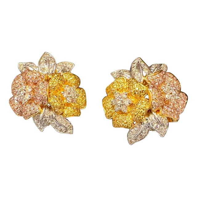 4.4 Ct Natural Fancy Color Diamond Flower Earrings in 18 Kt Multi Color Gold For Sale