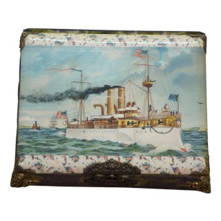 Antique Victorian Nautical Maritime Uss Maine Ship Photo Album Music Box 13" For Sale