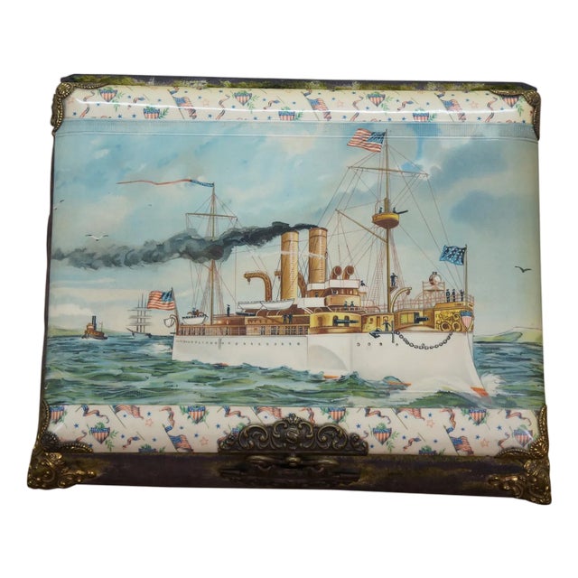 Antique Victorian Nautical Maritime Uss Maine Ship Photo Album Music Box 13" For Sale