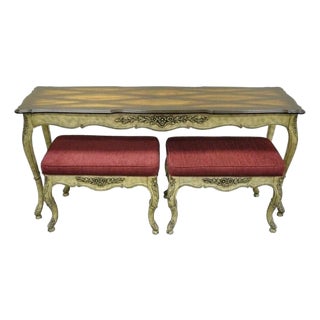 Vintage French Country Louis XV Style Console Hall Table and Pair Stools Benches For Sale