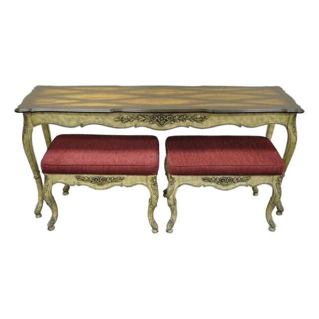 Vintage French Country Louis XV Style Console Hall Table and Pair Stools Benches For Sale