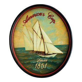 Antique Sailing America’s Cup Oval Marine BasRelief Painting For Sale