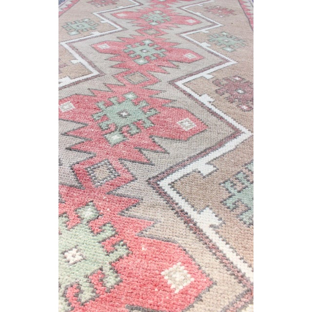 Mid 20th Century Mid 20th Century Mid 20th Century Turkish Tulu Runner With Geometric Medallions in Vivid Coral Tan and Mint Green For Sale - Image 5 of 6