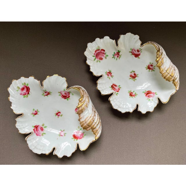 Ceramic Antique 19th Century English Porcelain Rococo Shell Shape Leaf Dishes With Hand Painted Rose Sprig - a Pair For Sale - Image 7 of 12