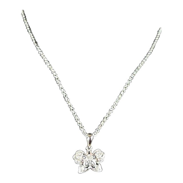 18 Karat Gold Butterfly Pendant with White Diamond & 14 Karat White Gold Chain For Sale
