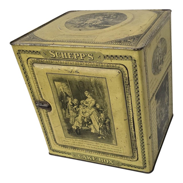 Antique Schepp’s Cocoanut Lithographed Tin Cake Box For Sale
