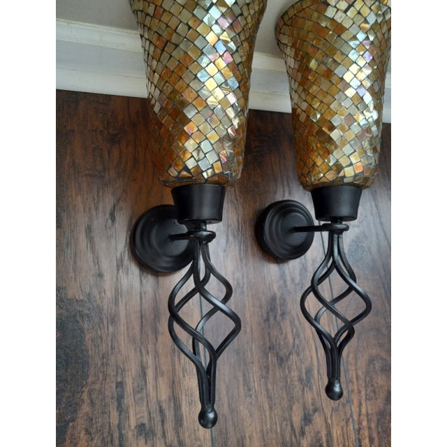 Vintage Metal and Amber Color Mosaic Glass Candle Wall Sconces- a Pair For Sale - Image 10 of 12
