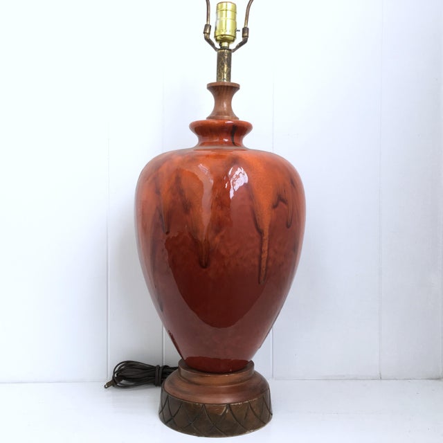 Mid-Century Modern 1960’s Drip Glaze Ceramic Table Lamp With Textured Shade – Retro Rust & Brown For Sale - Image 4 of 11