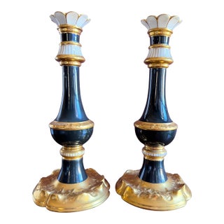 Lenox China Very Rare Beautiful Vintage Pair of Candle Holders. Black, White, Gold. 10-1/2” Tall. For Sale