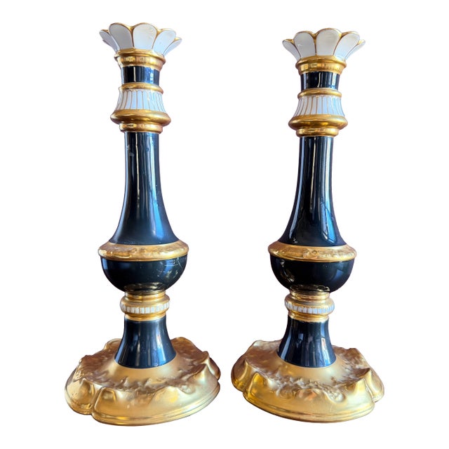 Lenox China Very Rare Beautiful Vintage Pair of Candle Holders. Black, White, Gold. 10-1/2” Tall. For Sale