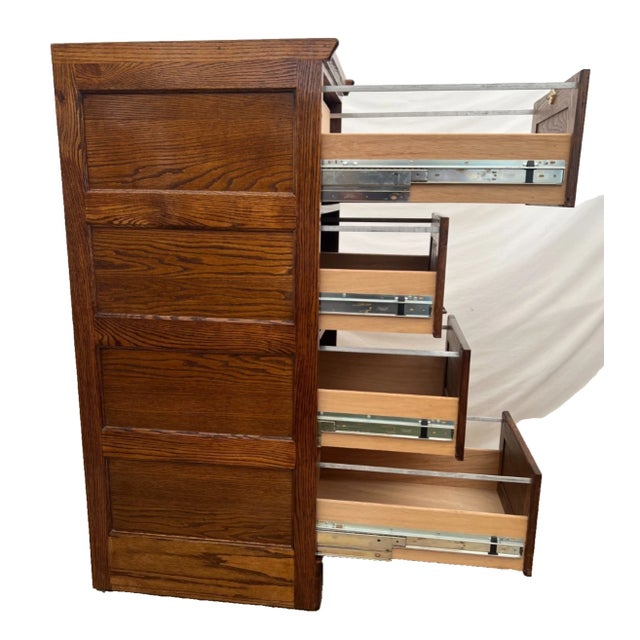Vintage Tiger Oak File Cabinet Four Drawers One Locks Paneled Sides Legal Size For Sale - Image 4 of 11