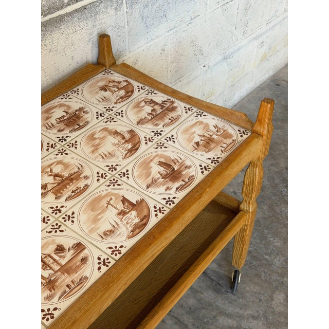 In Style of Henning Kjærnulf Oak Two-Tier Serving Bar Cart With Ceramic Tile Top Vintage Mid-Century Modern 1970s For Sale - Image 10 of 10