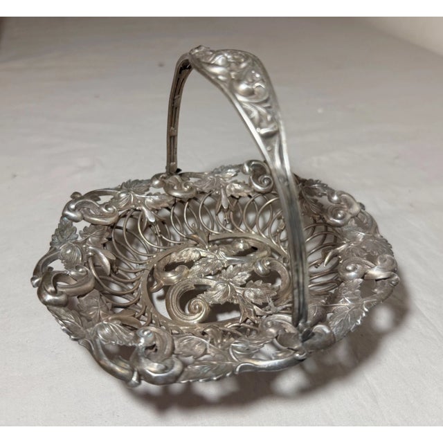 Victorian Share Antique Ornate Handmade Silver Plate Repousse Candy Dish Bowl Handle Reticulated For Sale - Image 3 of 10