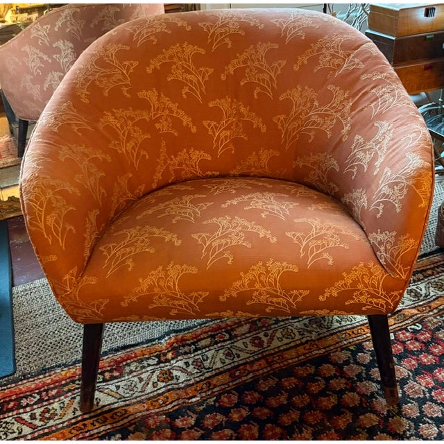 Burnt Orange Mid Century Barrel Club Chair With Original Asian Damask Upholstery For Sale - Image 8 of 9