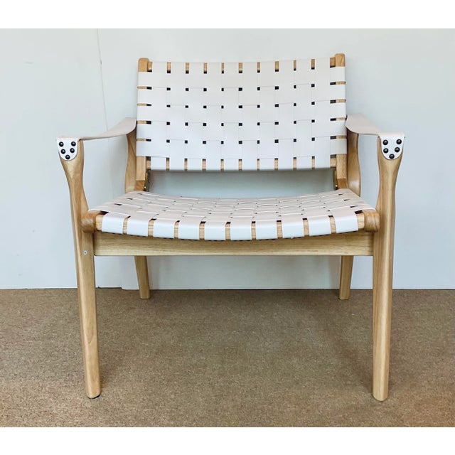 Organic. Modern White Vinyl Straps Natural Wood Lounge Chair For Sale - Image 4 of 7