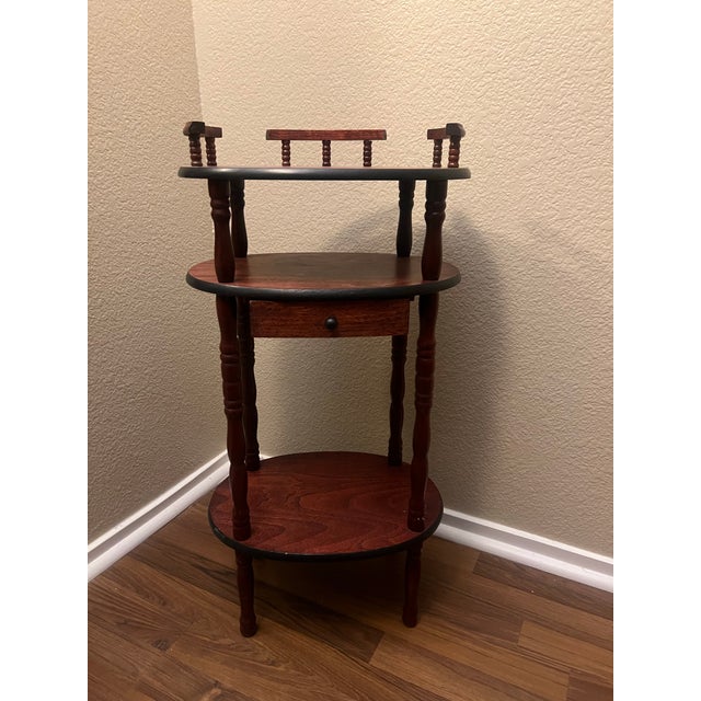 American Vintage Solid Wood 3-Tier Round Accent Table W/ Drawer – Early American Colonial Style For Sale - Image 3 of 9
