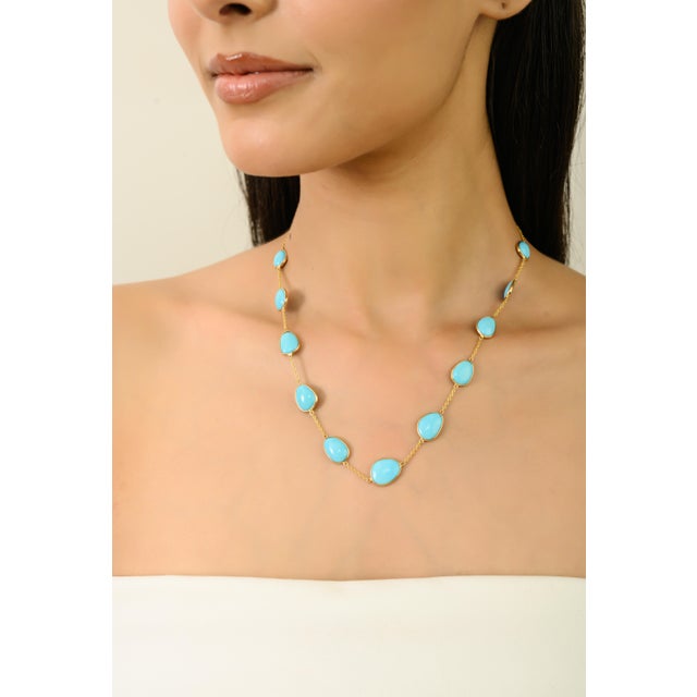 Boho Chic Style 24.26 Ct Turquoise Cabochon Station Necklace in 14k Gold For Sale - Image 9 of 14