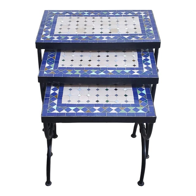 White and Blue Moroccan Mosaic Nesting Tables - Set of 3 For Sale